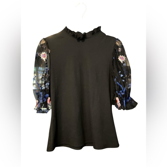 Embroidered Mesh / Lace Puff Sleeve Knit Top M EUC - Picture 2 of 4